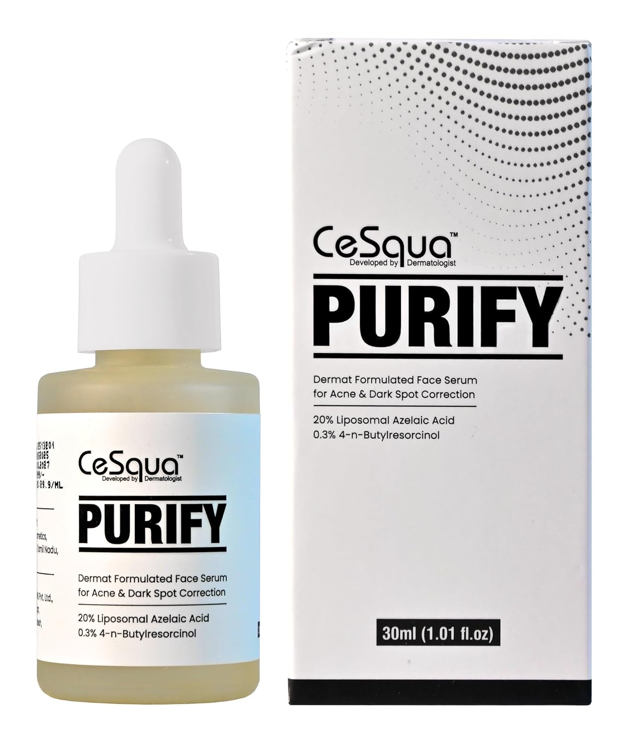 Purify Serum, Dermat formulated serum for acne and dark spots | 20% liposomal Azelaic acid, 4-n butylresorcinol | 30ml